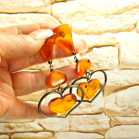 ANTIQUE AMBER EXTRA LONG EARRINGS, UNIQUE GIFT FOR WOMEN - Picture 7 of 10